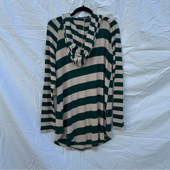 NWT Anthropologie Doe & Rae Knit Lightweight Stripe Hoodie Green Tan Size L 0033 - Picture 2 of 7